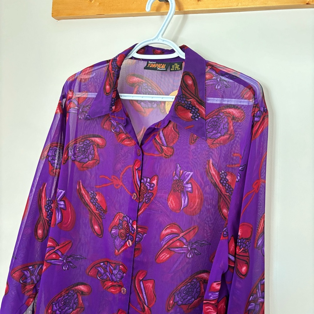 #195 Vintage Indian Tropical Fashion Purple Hat Rayon Blouse